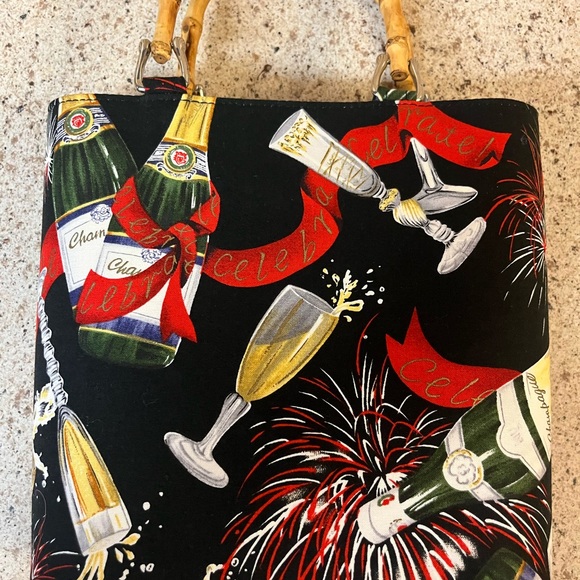 Champagne Celebrate Print Bamboo Handle Handbag… unique - Picture 5 of 11